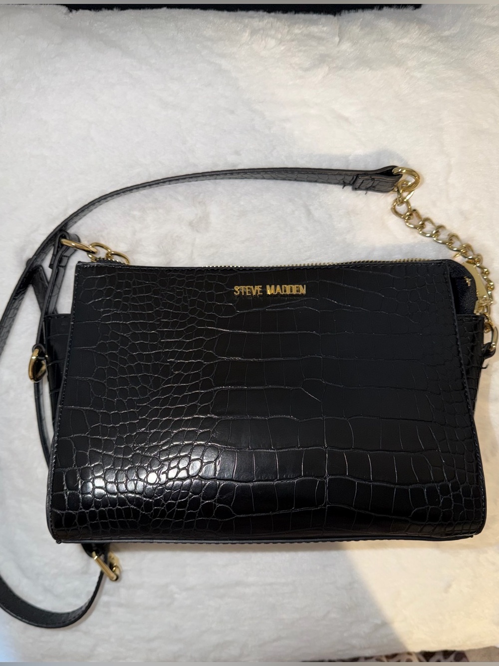 Steve Madden Black Croc-Embossed Crossbody with Gold Hardware